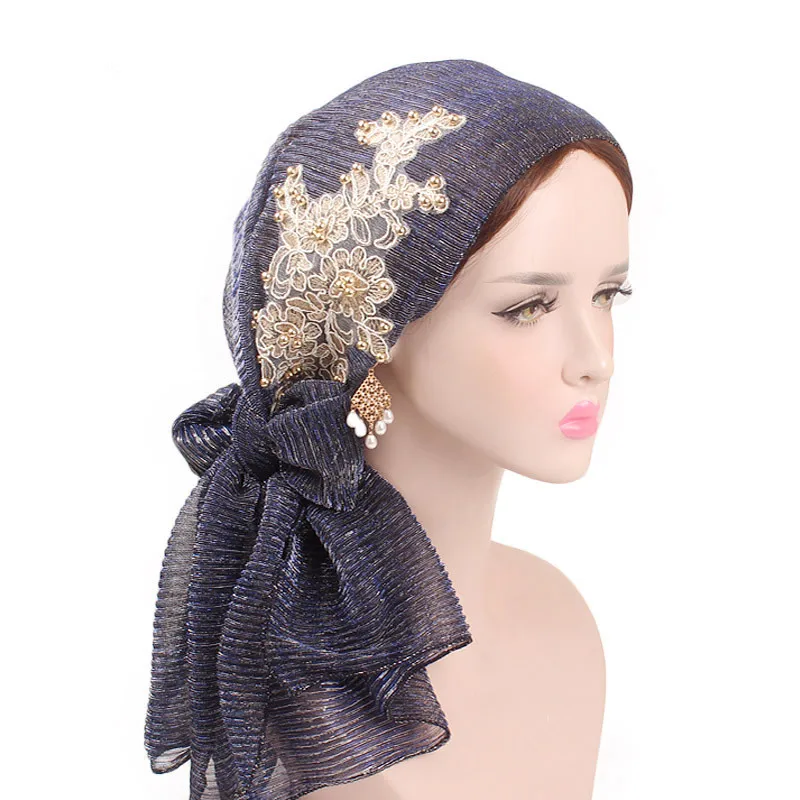 

2019 Bright Silk Head Wrap Scarf Ladies Headwear Fold Turban Hat Pre-Tied Scarves Women Wrinkle Hair Accessories Head Wrap Scarf