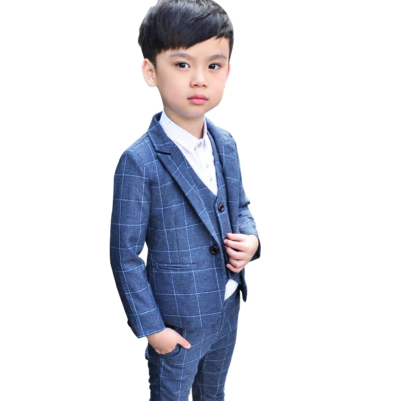 

2019 Child Wedding Suit Checked Formal Kids Boys Suits for Weddings 4PCS Blazer Children Outfit Dress Baby Marriage Costume
