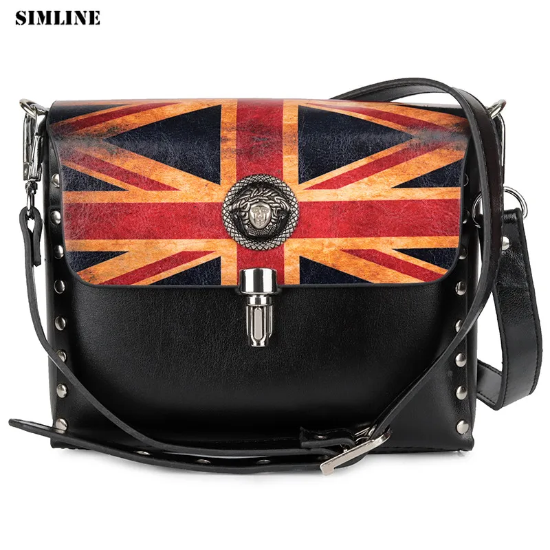 

SIMLINE Split Cow Leather Crossbody Bag For Women Vintage Fashion Punk Rivet Female Small Shoulder Messenger Bags Handbag Ladies