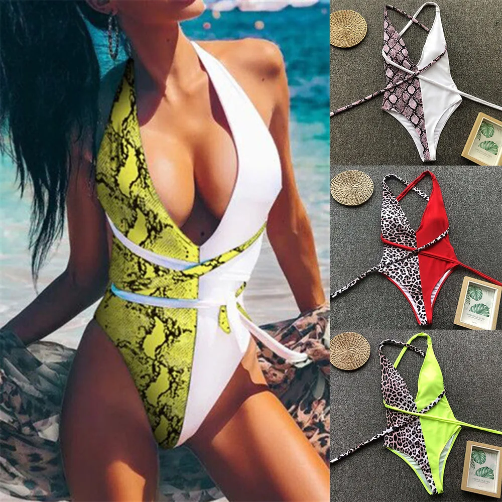 

Sexy Snake Skin Swimwear 2019 Women Backless Push Up Bodysuit Cut Out One Piece Swimsuits Patchwork Beachwear Leopard Monokini