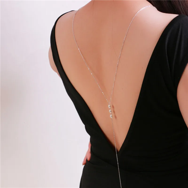 

2018 new fashion pearl backdrop neckace back deep V bride wedding jewelry long necklace back chain backless dress accessories