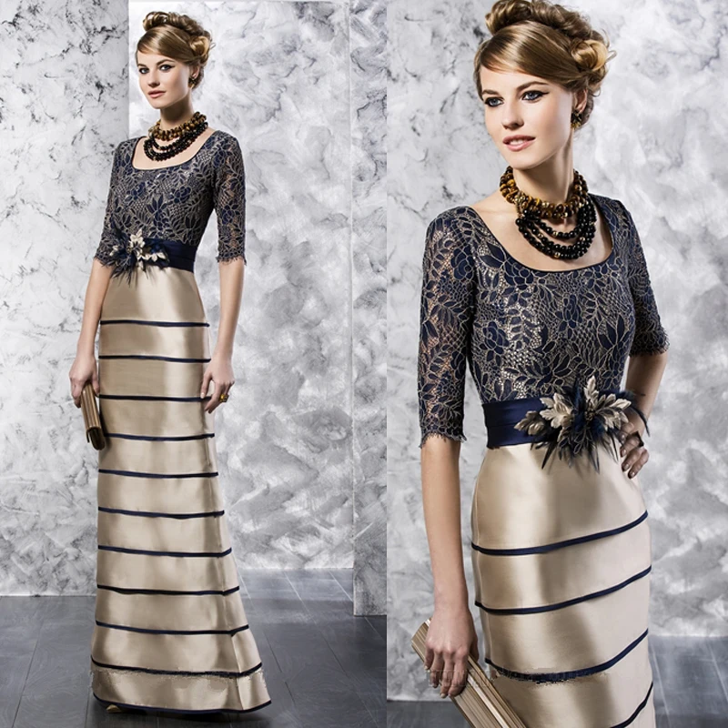 

The Newest Navy blue&gold long lace mother of the bride dresses with flowers Floor-Length robe mere de la mariee 2015 MBD125
