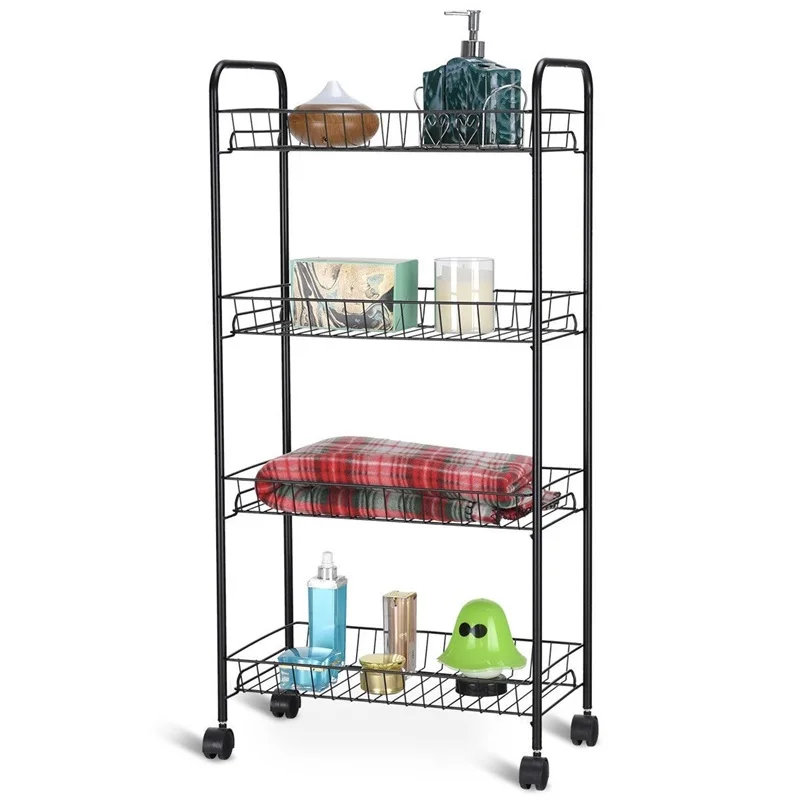 

4 Tier Rolling Kitchen Utility Trolley with Storage Shelf Baskets Metal Racks Holders with Wheels HW58504
