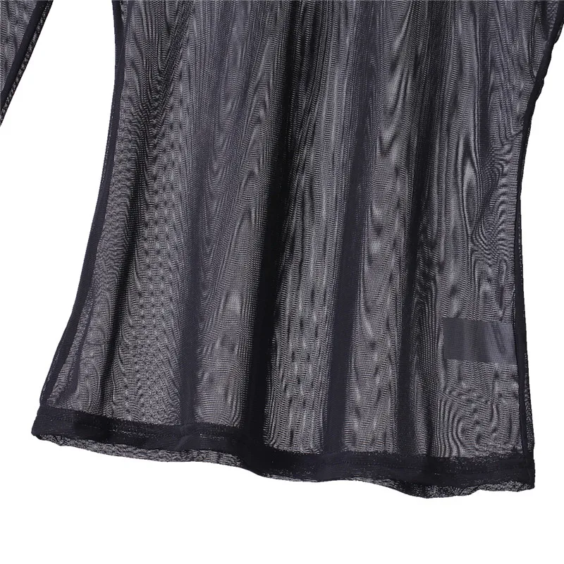 Популярная Летняя Сексуальная Женская Сетчатая футболка с длинным рукавом, прозрачная футболка, Облегающая водолазка, черная обтягивающая футболка, клубная одежда