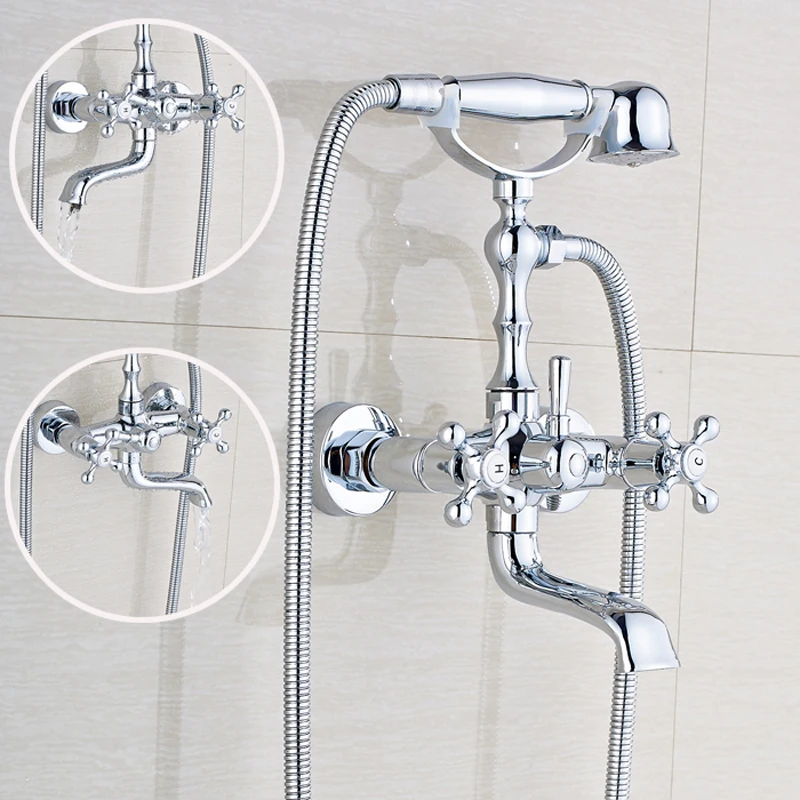 

Chrome Finish Wall Mount Bathtub Faucet Double Handles Hot and Cold Water Mixer Tap with Handheld Shower