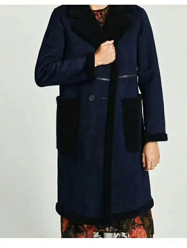 2017 Winter Woman Navy Blue Long Suede Coat Ladies Lapel Collar Double