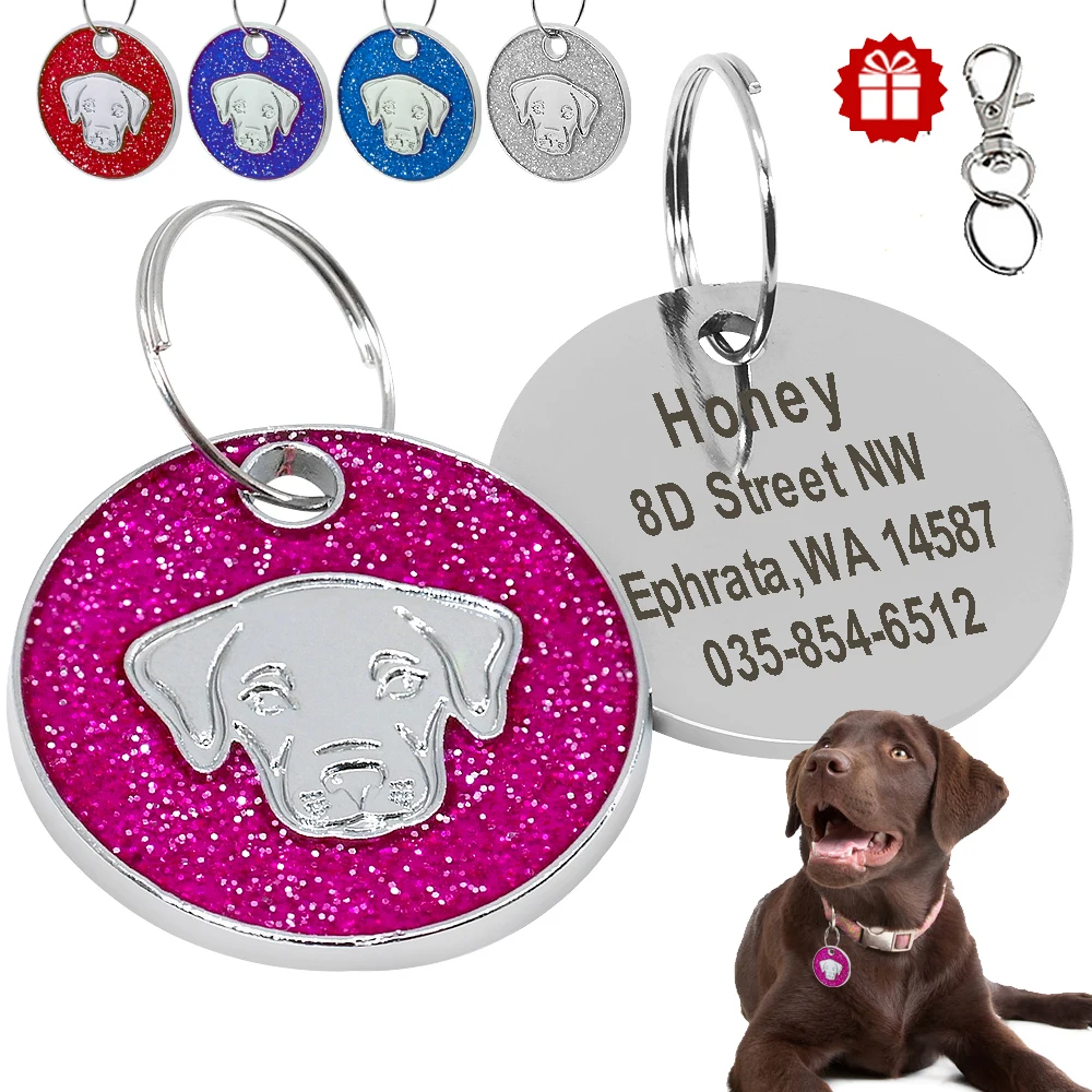 

Dog Tag Custom Engraved Dog Collar Accessories Personalized Pet Puppy Name Phone ID Tag Glitter Round Dog Tag Pendant Customized