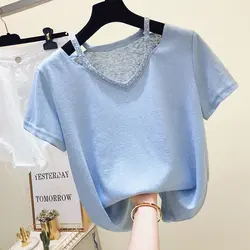 Новая ледяная шелковая трикотажная футболка для женщин Лето 2019 Женская одежда с коротким рукавом v-образный вырез Белый свободный яркий