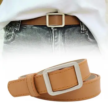 

Faux Leather Punch Free Square Buckle Lightweight Student Space Saving Classic Nonporous Portable Casual Women Belt Daily Soft