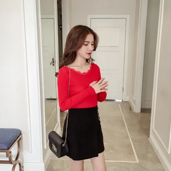 

Women Sweater Pullover Basic Rib Knitted Slim Tops Solid Color Lace V-Neck Long Sleeve Casual Sweaters Jumper Tops Female