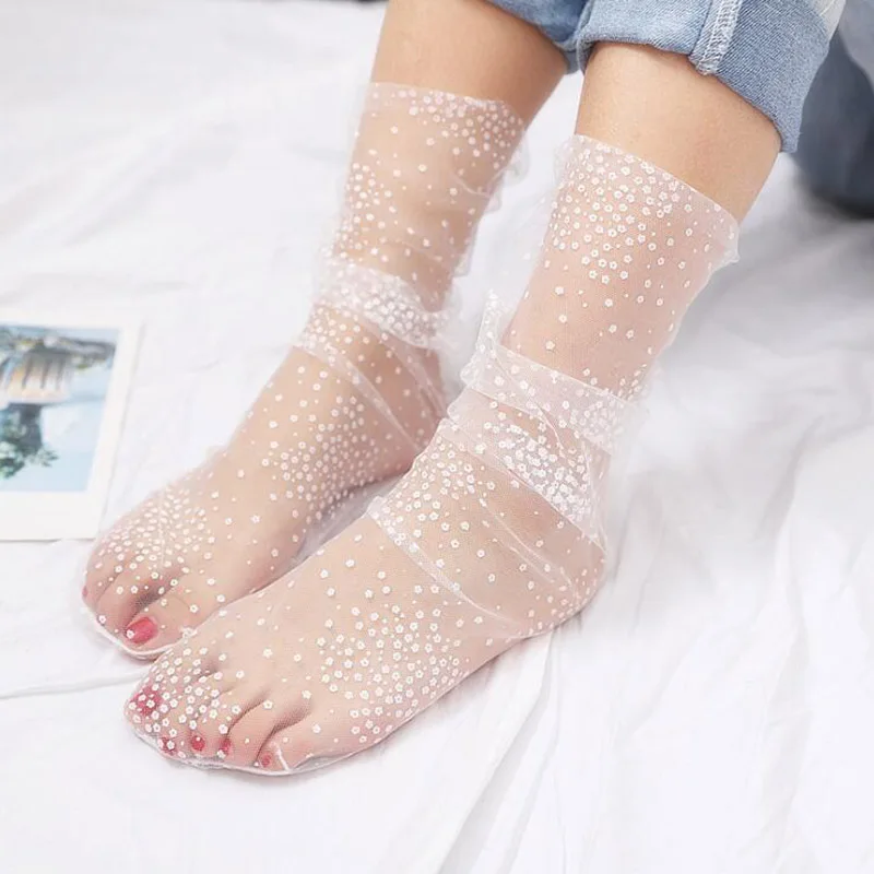 

New Mesh Tulle Socks For Women Summer Thin Transparent Printing Socks Long Snowflake Funny Socks Female Dress Hosiery 2 Colors