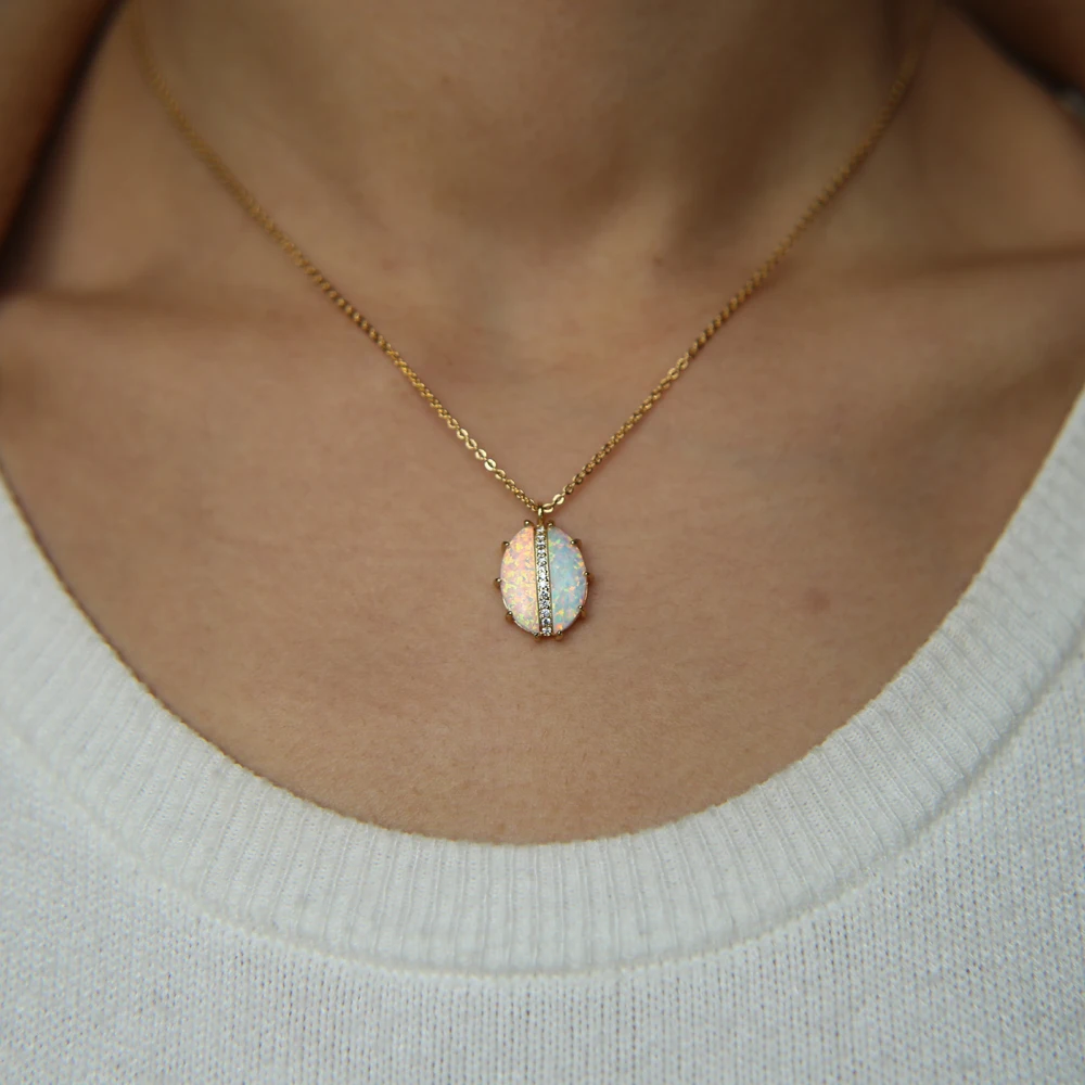 

Trendy Jewelry Oval Big Opal With aaa cz Crystal Gold color Plated Chain Necklace Pendant For Women Girl Party Bijoux simpl Gift
