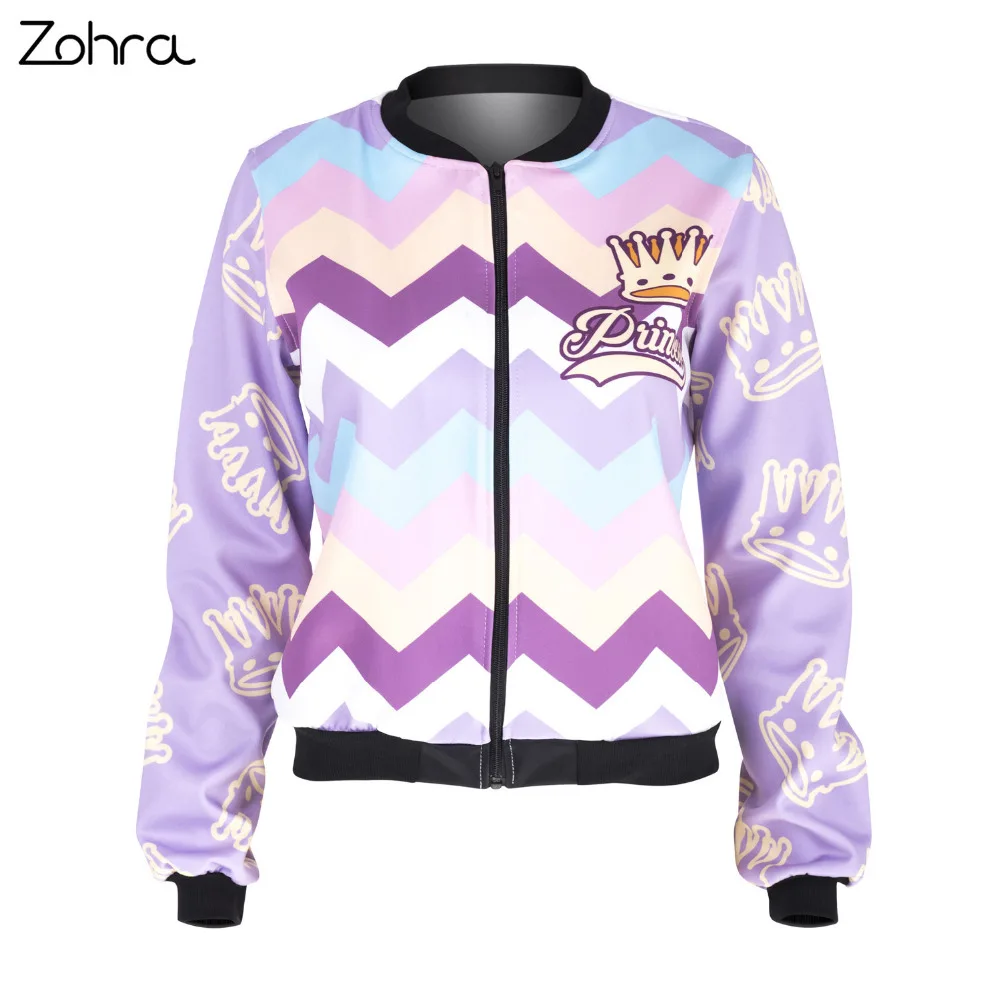 Zohra New Spring Women Bomber Jacket Princess Zyg Zag Printing Jaqueta Feminina Fashion Sexy Slim Basic Jacket for Woman