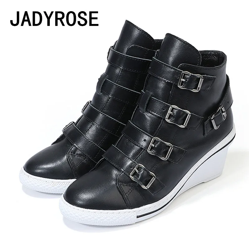 Black Women Ankle Boots Genuine Leather Buckles High Heel Wedge Shoes