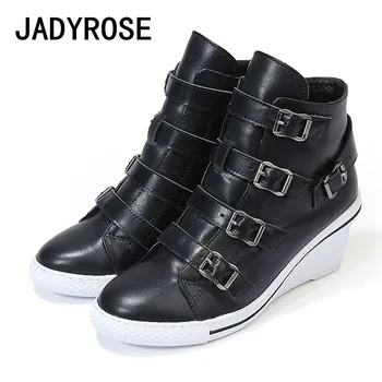 

Black Women Ankle Boots Genuine Leather Buckles High Heel Wedge Shoes Woman Female Platform Short Booties Design Women Pumps