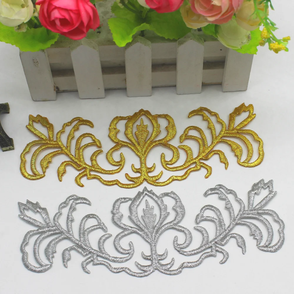 

YACKALASI 10 Pieces/Lot Gold Embroidery Fabric Appliqued Iron on gold and silver flower patches 17.5*7cm