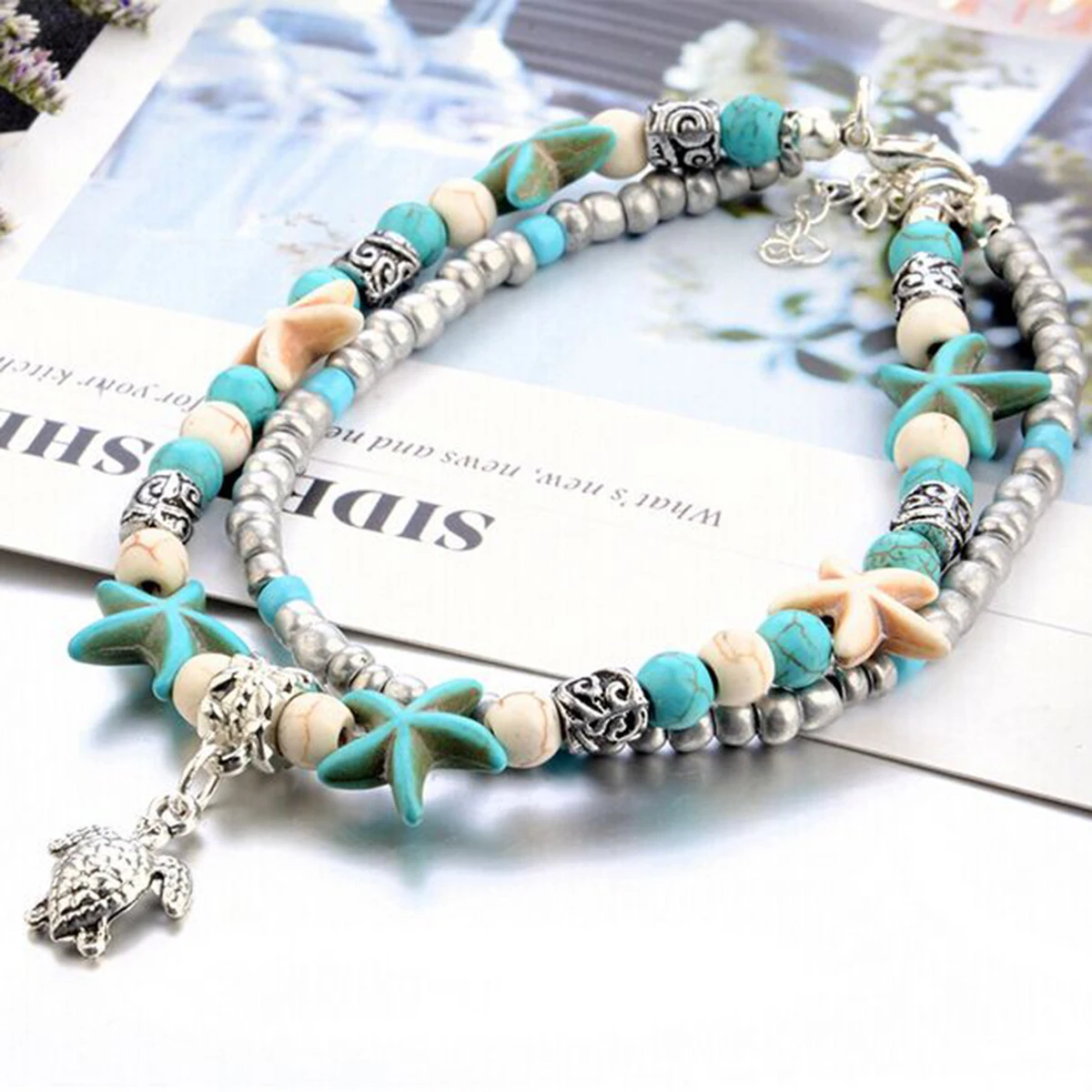 Retro Ethnic Style Sliver Plated Ankle Bracelet Starfish Beads Sea Turtle Anklet Vintage Charms Jewelry Birthday Gifts For Women