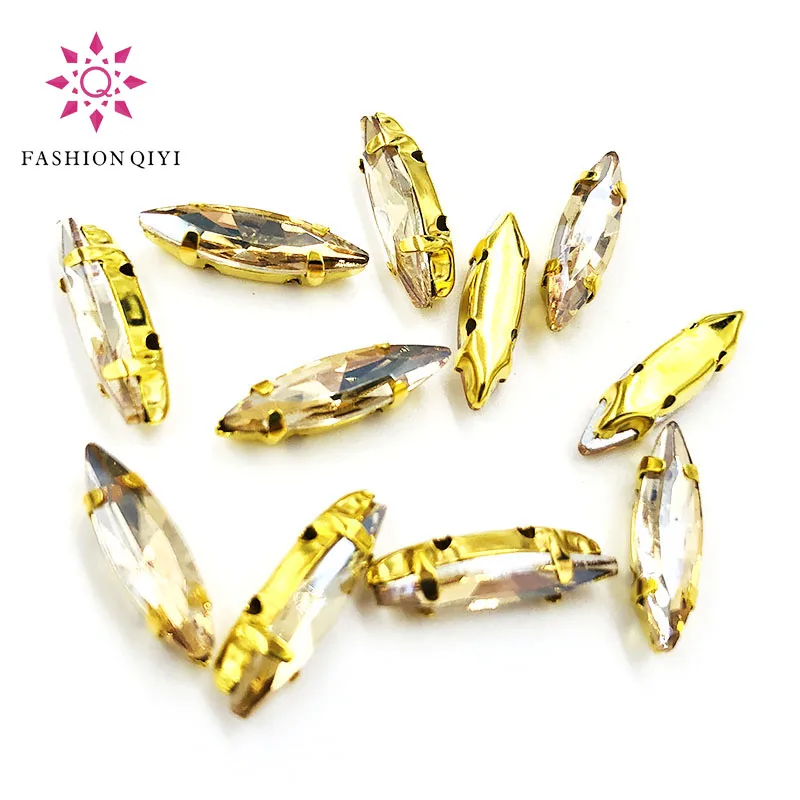 4x15mm champagne Horse eye shape 50pcs/pack Glass Crystal Gold bottom sew on claw rhinestones with holes diy Sewing On Garment