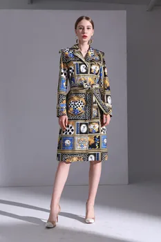 

18 autumn and winter new retro print long-sleeved slim jacket women's single-breasted suit collar windbreaker dress high quality