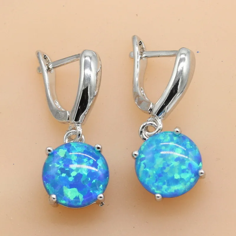 925 пробы Серебряное ожерелье наборы для женщин круглый синий опал свадебные серьги наборы Висячие серьги чокер в подарок коробка