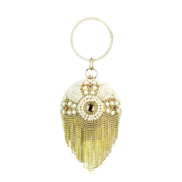 Новые модные женские клатчи с кисточками, золотыми бриллиантами, кристаллами, бусинами, жемчужинами, круглыми помпонами, на плечо, свадебные сумочки на руку - Цвет: 3041J-GOLD