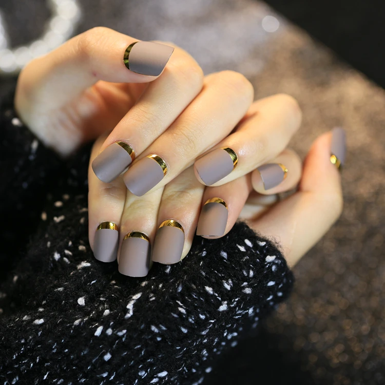マットグレー偽爪ショートサイズフルデザインネイルのヒント偽の釘アートのヒント Fake Nails Art Tips Designer Nail Tipsnail Tips Aliexpress