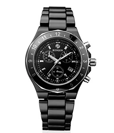 BINLUN чистая белая керамика женские кварцевые часы секундомер Автоматическая Дата женские спортивные часы водонепроницаемые женские наручные часы для плавания - Цвет: Black