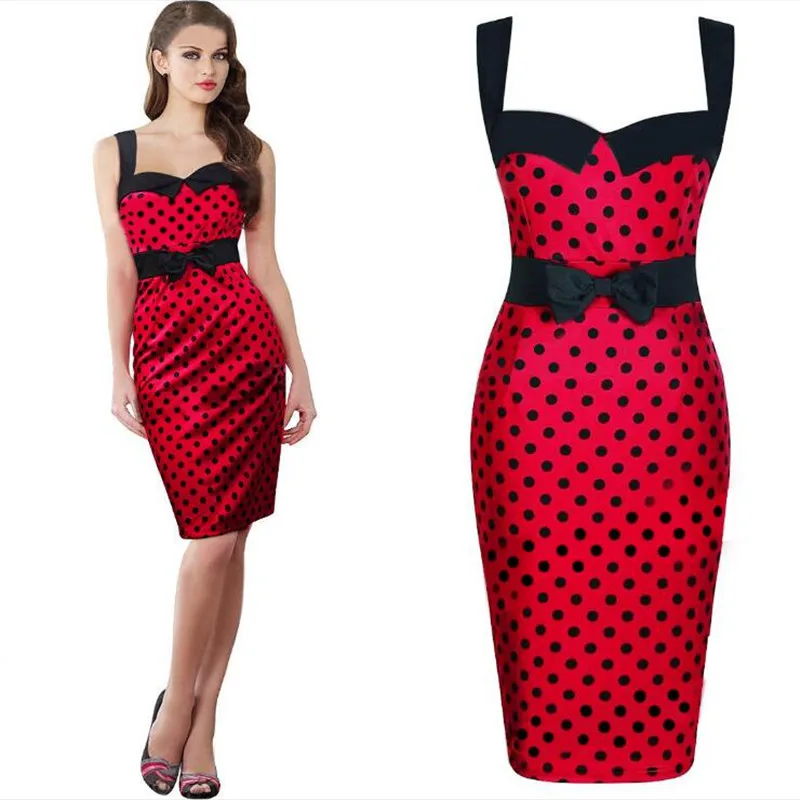 

New Ladies BowKnot Slash Polka Dots Pin Up Sheath Dress Pencil Dress Work Dress