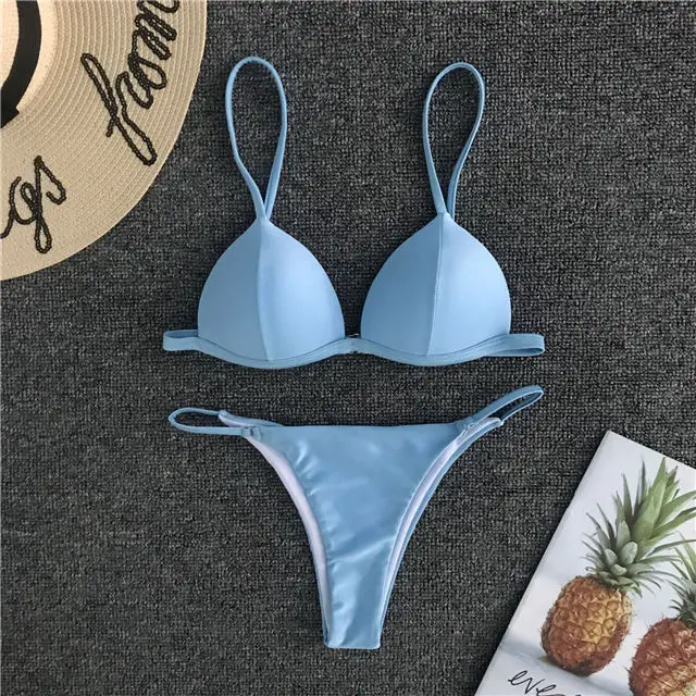 2019 Shiny Blue Bra Cup Bikini Push Up Swimsuit Female Swimwear Women