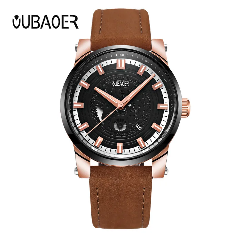 OUBAOER Mens Watches Top Brand Luxury Leather Strap Business Date Sport Military Army Male Clock Wr
