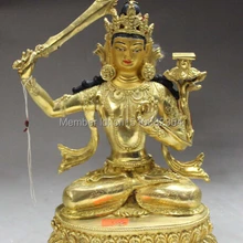 " Тибет Фейн Бронзовый Buddhis 24 К Золотой Манджушри Кван-инь Держите Меч Статуя Будды