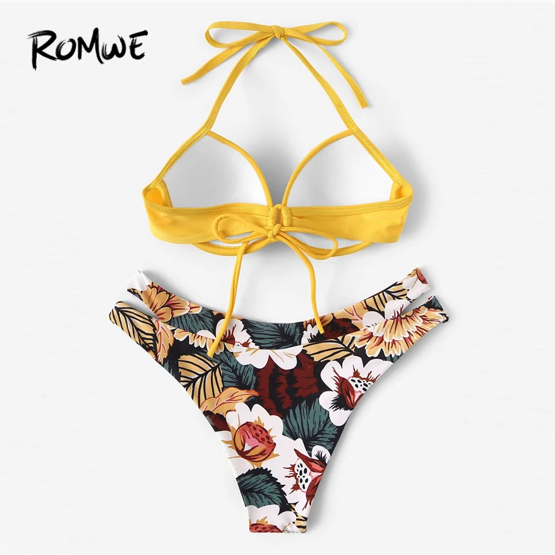 Romwe, спортивный комплект бикини с рюшами, топ на бретельках, с цветочным принтом, низ, купальник для женщин, летний, сексуальный, с вырезами, пуш-ап, купальник