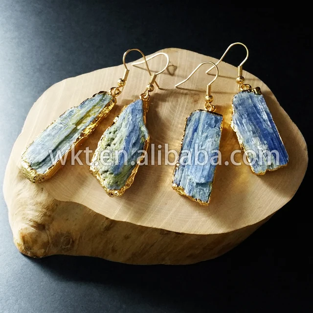 Online 24k Gold Dipped Natural Blue Kyanite Earrings Rough 24k Gold Dipped Natural Blue Kyanite Earrings Rough Stone Dangling
