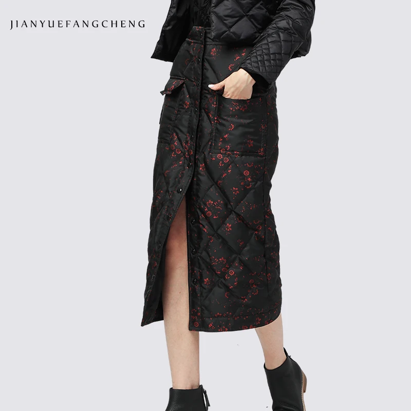 

Floral Ladies Skirts 2018 Midi High Waist Skirt Long Button Plus Size Winter Warm Duck Down Womens Skirts Pencil Package Hip