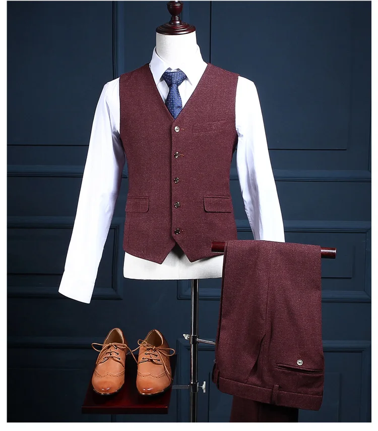 Куртка+ брюки+ жилет) Новое Брендовое вино красные мужские костюмы Slim Fit Свадебные Мужские костюмы пиджак блейзеры Жених выпускного вечера парадный смокинг костюм