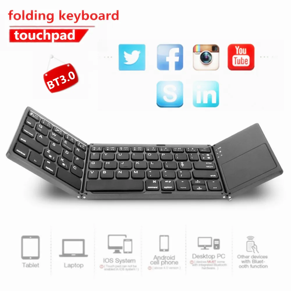 Ultra thin Tri fold Bluetooth Wireless Keyboard with Touch Panel, Mini
