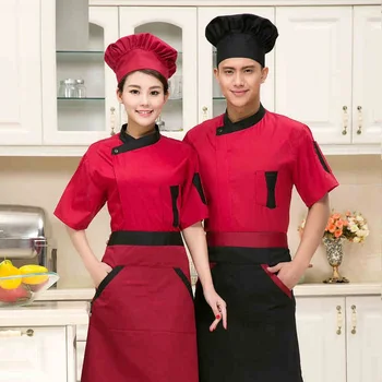 

(10 sets-Hat&Shirt&Apron) choose cookr hat and apron's color red chef work shirt short sleeve new style ship by
