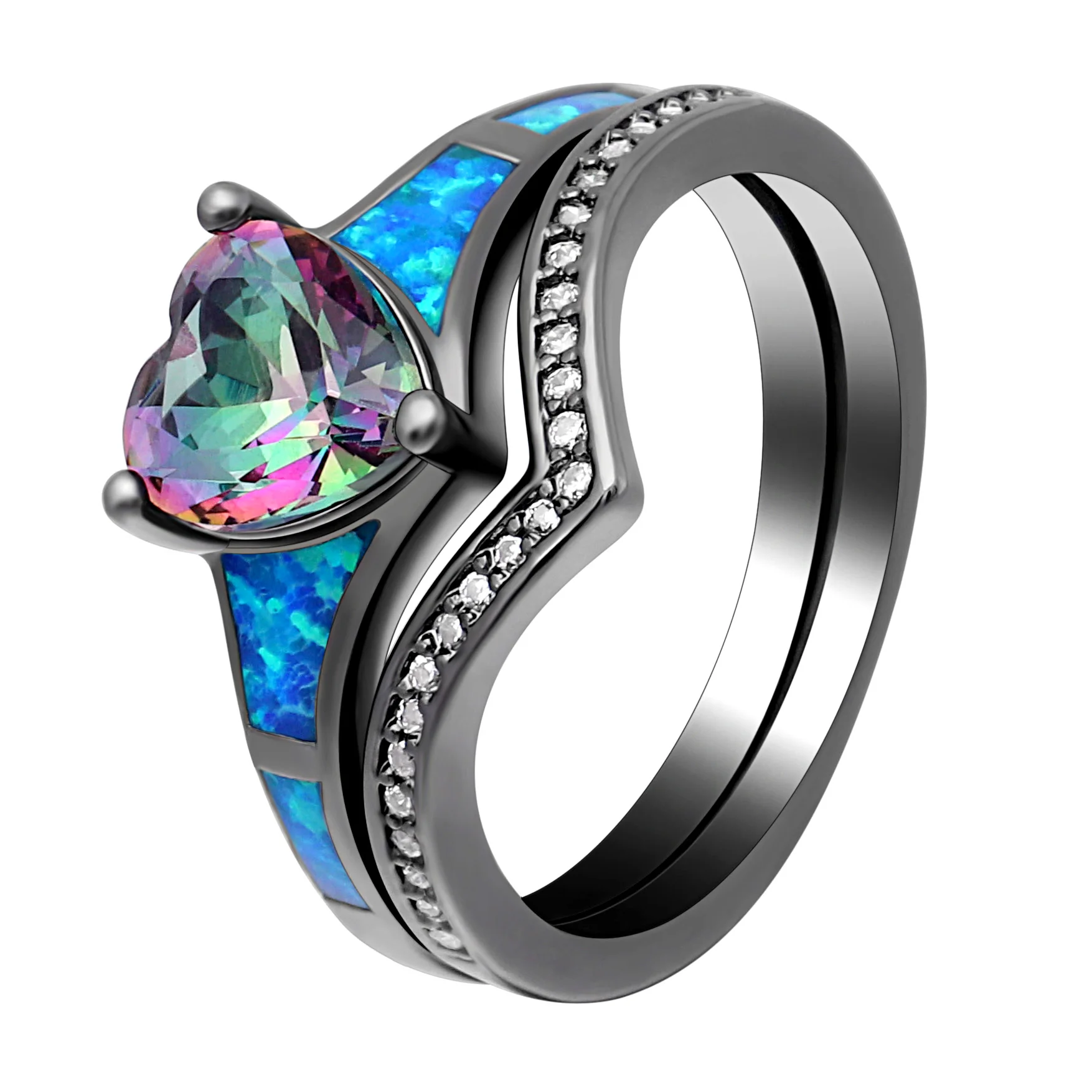 

Heart Zircon Blue/White/Pink Fire Opal Rings For Women Vintage Dropshipping Fashion Black Gold Filled Birthstone Ring Sets