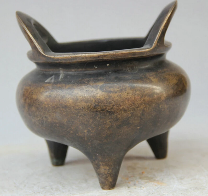 

150610 S1249 6" Old Marked China dynasty Bronze circular 3 Foot handle Incense Burner Censer