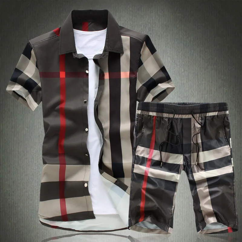 

Plaid 2 Piece Shirt Shorts Mens Set Turn-down Collar Buttons Men Short Sleeve Elastic Suits Plus 5XL 2019 Summer Male Streetwear