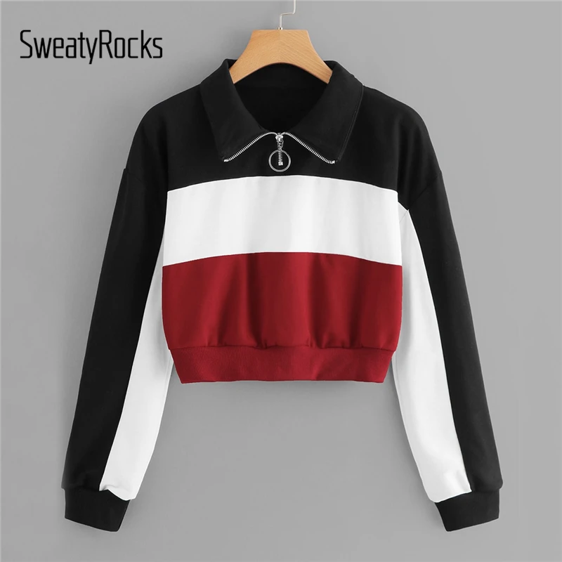 SweatyRocks Color Block Zip Up Sweatshirt Women Crop Tops Turn-Down Collar Long Sleeve Streetwear A