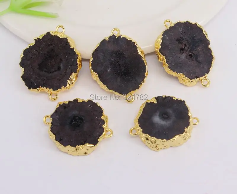

5pcs Gold Metal Natural Stone Slice Sun Flower shape Connectors Beads in Black color,For Making Jewelry