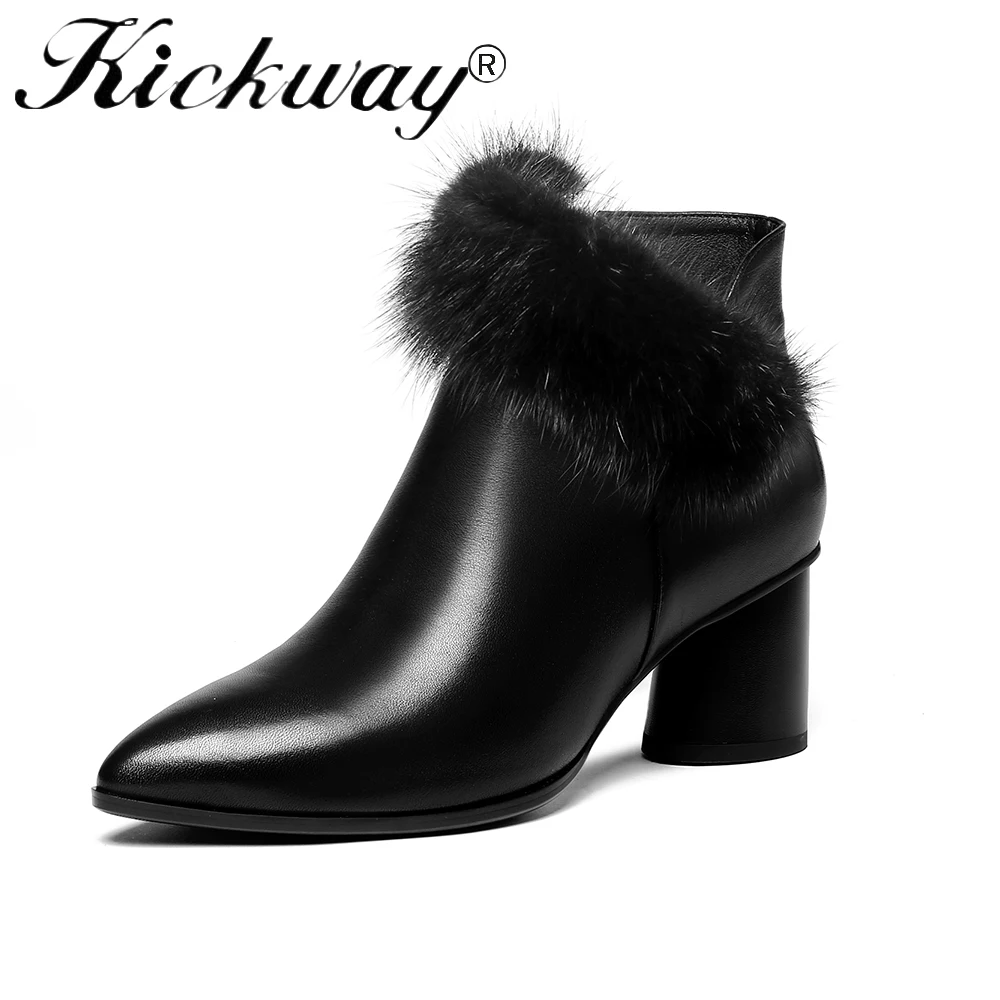 

Kickway 2018 New arrive ankle boots for women high heels shoes fashion real fur winter party womens boots zipper lady shoes