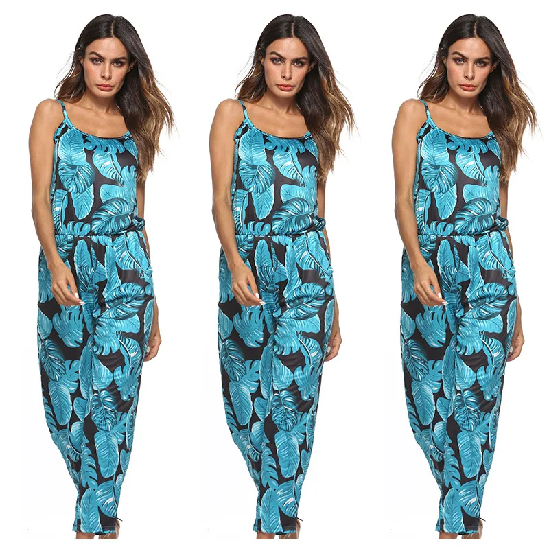 

Women's Jumpsuit Strap V-neck Print Siamese Jumpsuits Beach Trousers