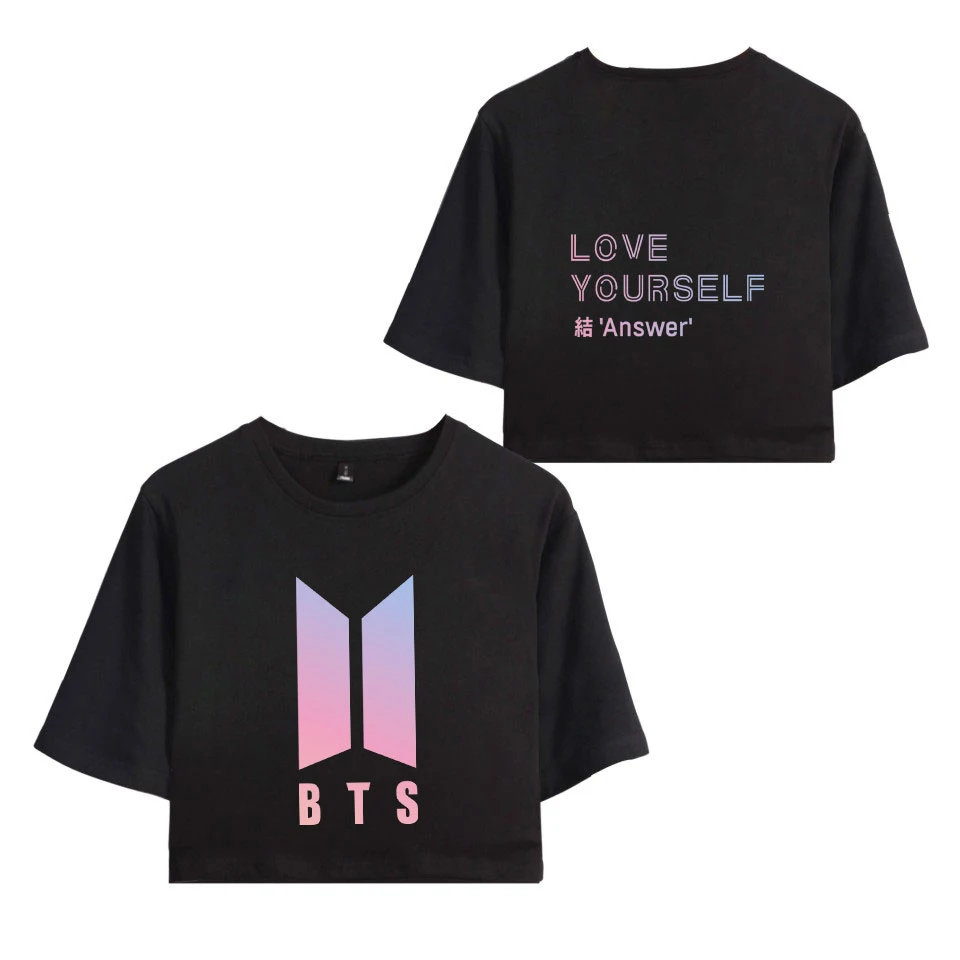 

DF LUCKYFRIDAYF Love Yourself Answer Kpop Print Crop Top T-shirt 100% Cotton Short Sleeve T-shirt Hip Hop Clothes Plus Size 2XL