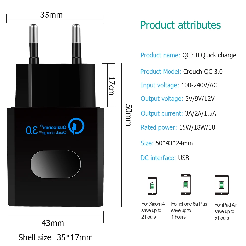 Быстрая зарядка 3,0 USB зарядник Быстрая зарядка QC3.0 зарядка с usb-кабелем Портативный ЕС мобильный телефон зарядное устройство адаптер для Iphone