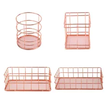 คุณภาพสูง Rose Gold กล่องเก็บเดสก์ท็อปเศษซากตะกร้าเหล็กดัดตะกร้า Modern Home Storage Racks อุปกรณ์สำนักงาน(China)