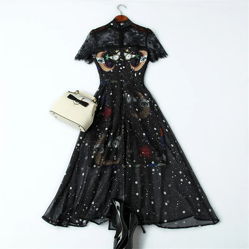 Модное дизайнерское подиумное летнее платье женская одежда Новое Элегантное шифоновое платье с коротким рукавом и прозрачным кружевом в стиле пэчворк