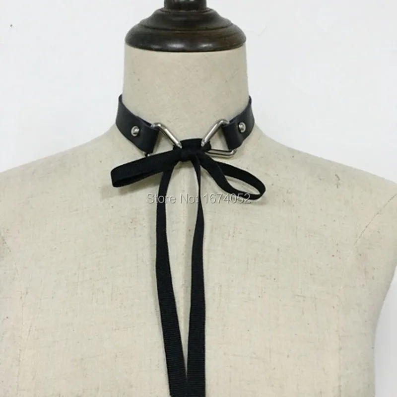 

Fashion Jewelry 100% Handcrafted Punk Cute Lolita Lace up Tie Ribbon Choker Real Leather Gothic Sub Collar Bow Necklace