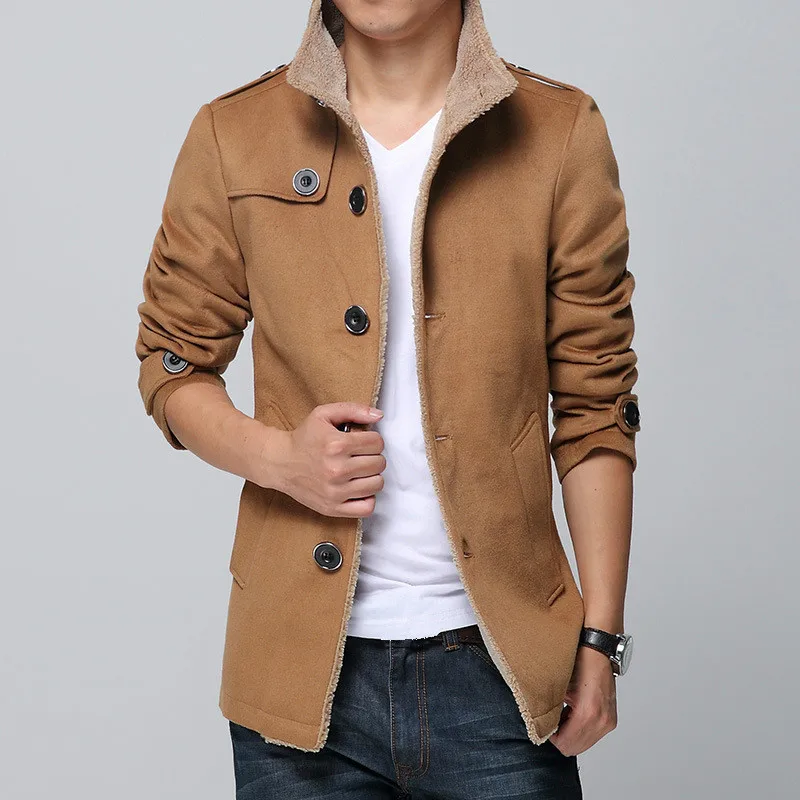 

New Arrival Slim Plus Size Mens Winter Khaki Coat Windbreaker Boys Outerwear Woolen Blend Coat Long Sleeve Male Thick Overcoat